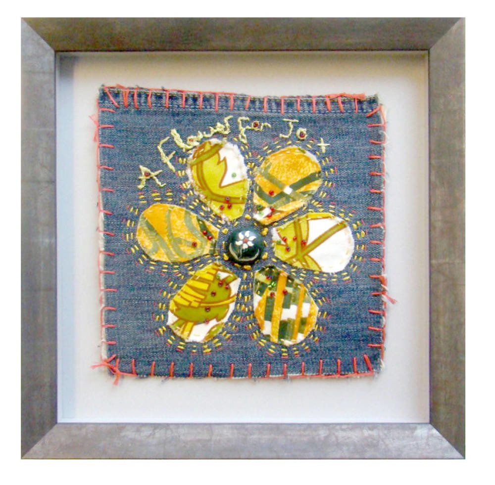 Framed flower needlework - denim square