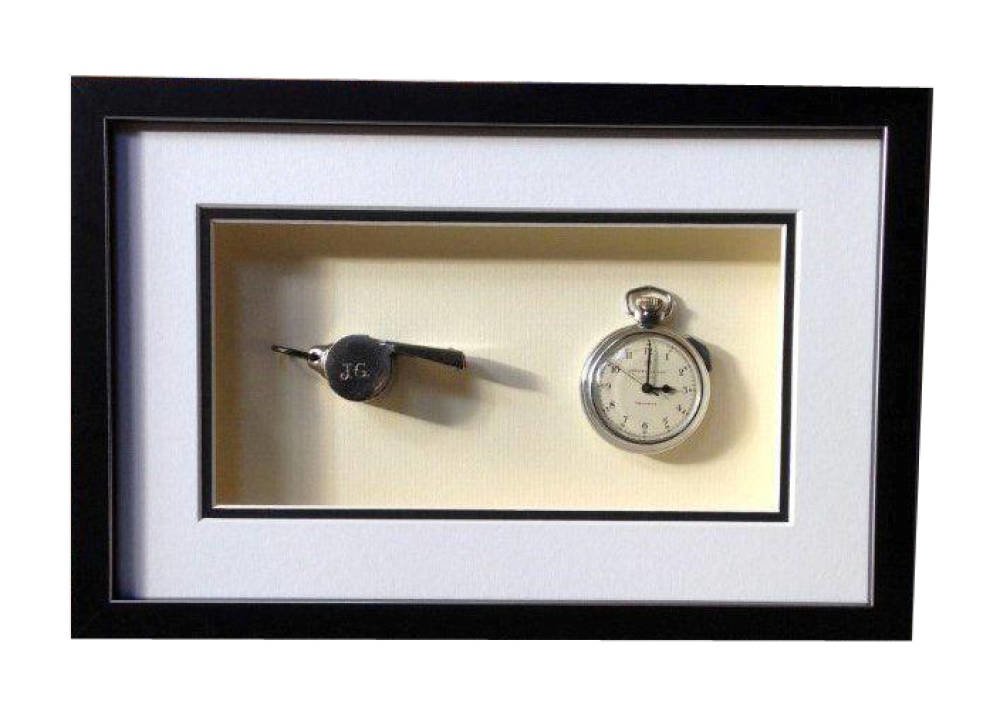 Old Referee Watch and Whistle - black and silver frame whistle and watch whistle framing double mount