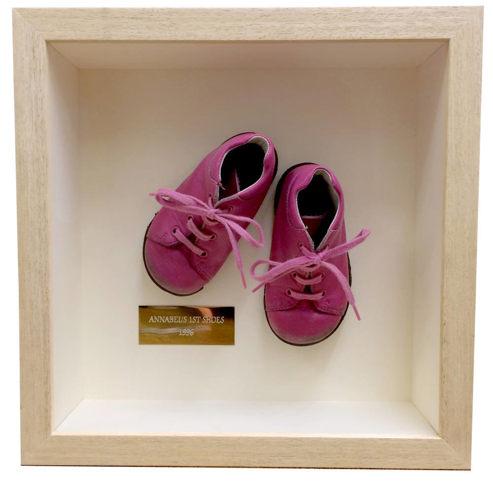 3D Object Custom Box Framing - baby shoes framed in deep box frame