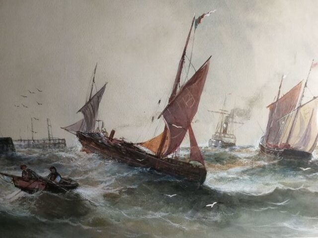 Sailing Boat and Ships near a Pier after TB Hardy by Unknown